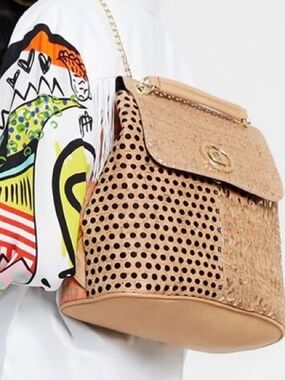 New Desigual Orange cork Patchwork Shoulder Bag with Gold Chain